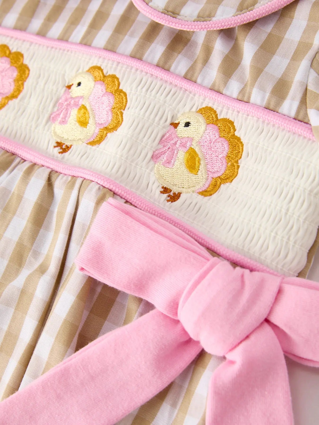 Fall Thanksgiving Lapel Plaid Chick Embroidery Smocking Bow Baby Girls Romper Rylee Faith Designs