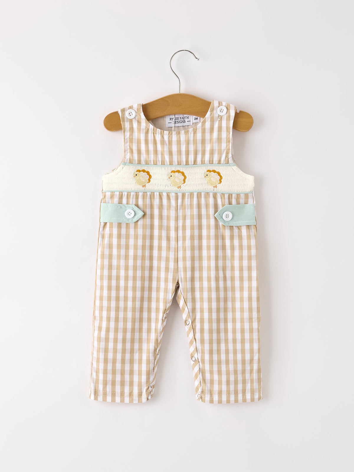 Fall Thanksgiving Apricot Plaid Chick Embroidery Smocking Baby Boys Romper by Rylee Faith Designs