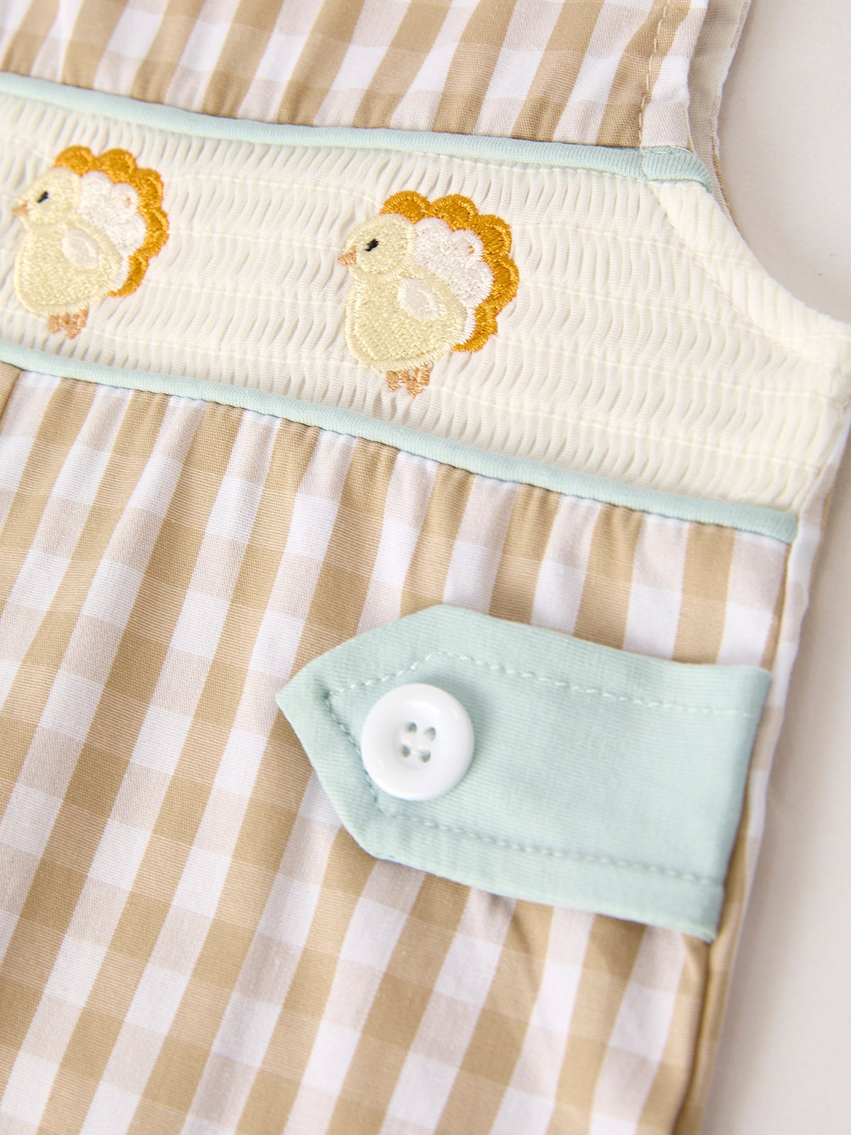 Fall Thanksgiving Apricot Plaid Chick Embroidery Smocking Baby Boys Romper by Rylee Faith Designs