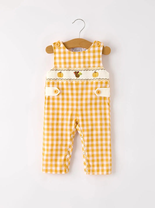 Autumn Thanksgiving Yellow Plaid Turkey Pumpkin Embroidery Smock Boys Romper Rylee Faith Designs