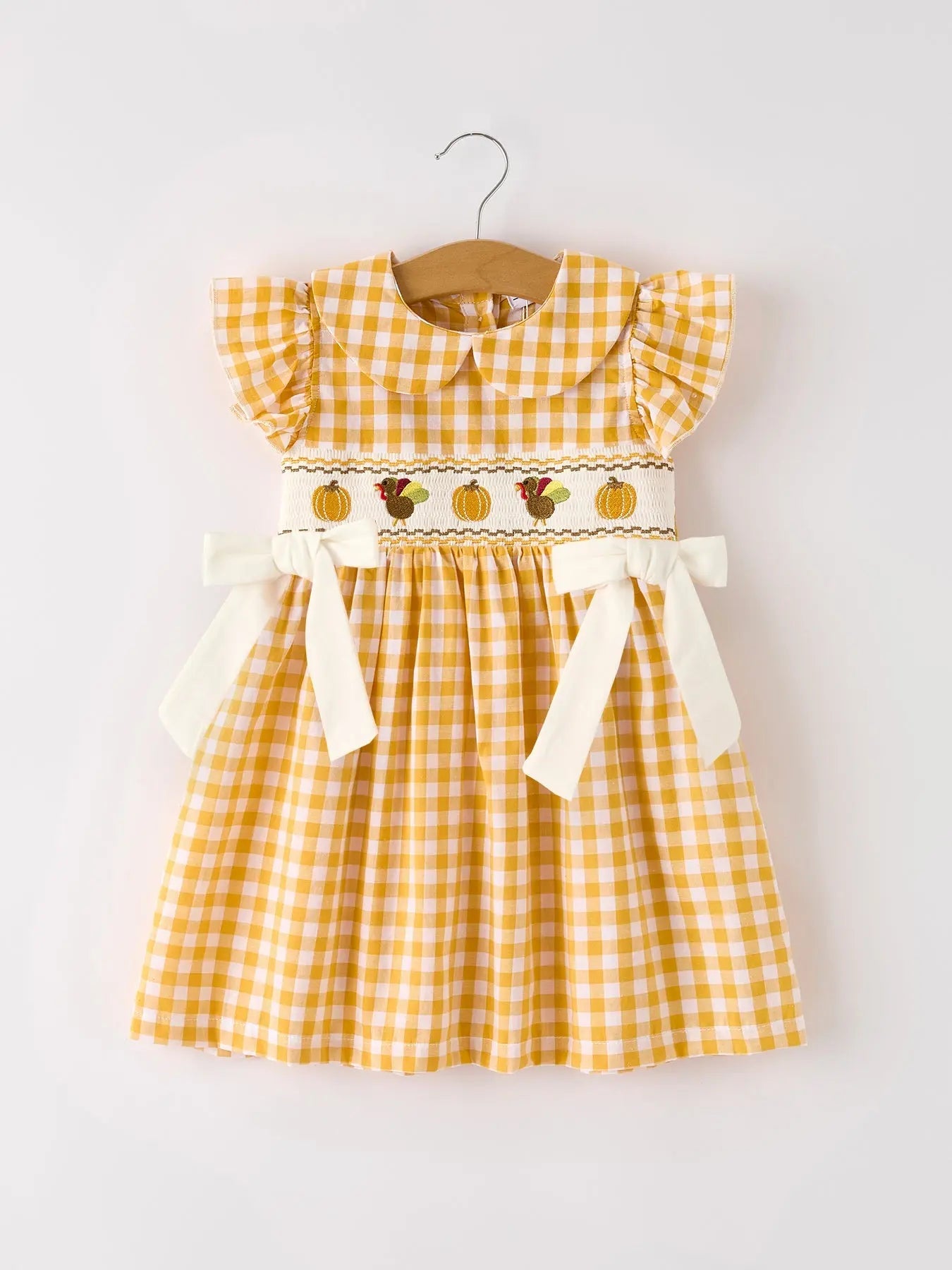 Autumn Thanksgiving Yellow Plaid Turkey Pumpkin Embroidery Smock Dress for Girls Rylee Faith Designs