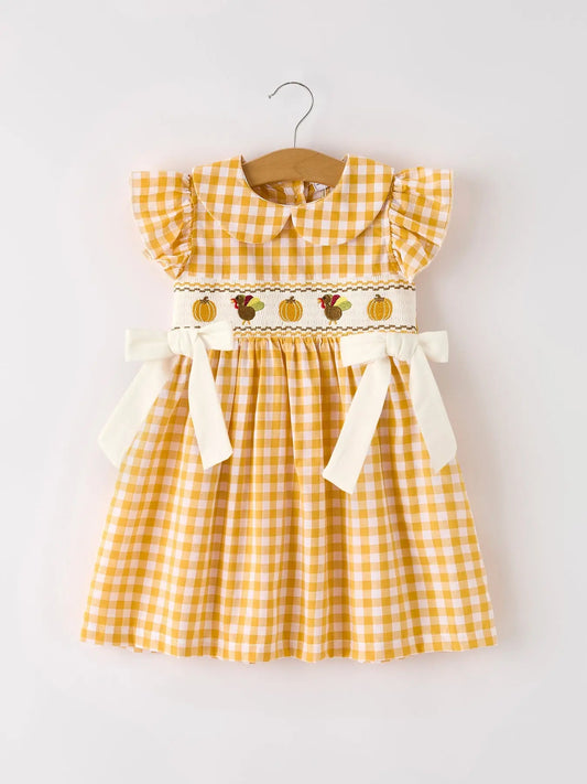 Autumn Thanksgiving Yellow Plaid Turkey Pumpkin Embroidery Smock Dress for Girls Rylee Faith Designs