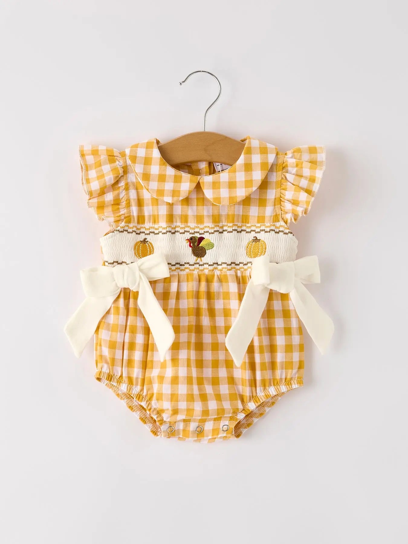 Autumn Thanksgiving Yellow Plaid Turkey Pumpkin Embroidery Smock Girls Romper Rylee Faith Designs