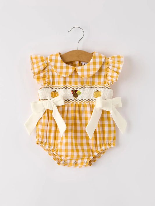 Autumn Thanksgiving Yellow Plaid Turkey Pumpkin Embroidery Smock Girls Romper Rylee Faith Designs