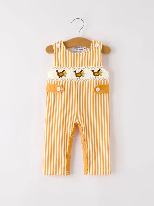 Fall Thanksgiving Chicken Smock Embroidered Orange Stripes Boys Romper Rylee Faith Designs