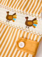 Rylee Faith Designs Fall Thanksgiving Chicken Smock Embroidered Orange Stripes Boys Romper - Apparel & Accessories > Clothing > Baby & Toddler Clothing > Baby One-Pieces Romper