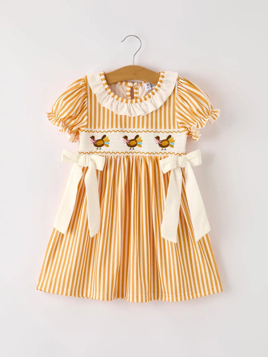 Fall Thanksgiving Orange Pumpkin Smock Embroidery Baby Girl Dress Rylee Faith Designs