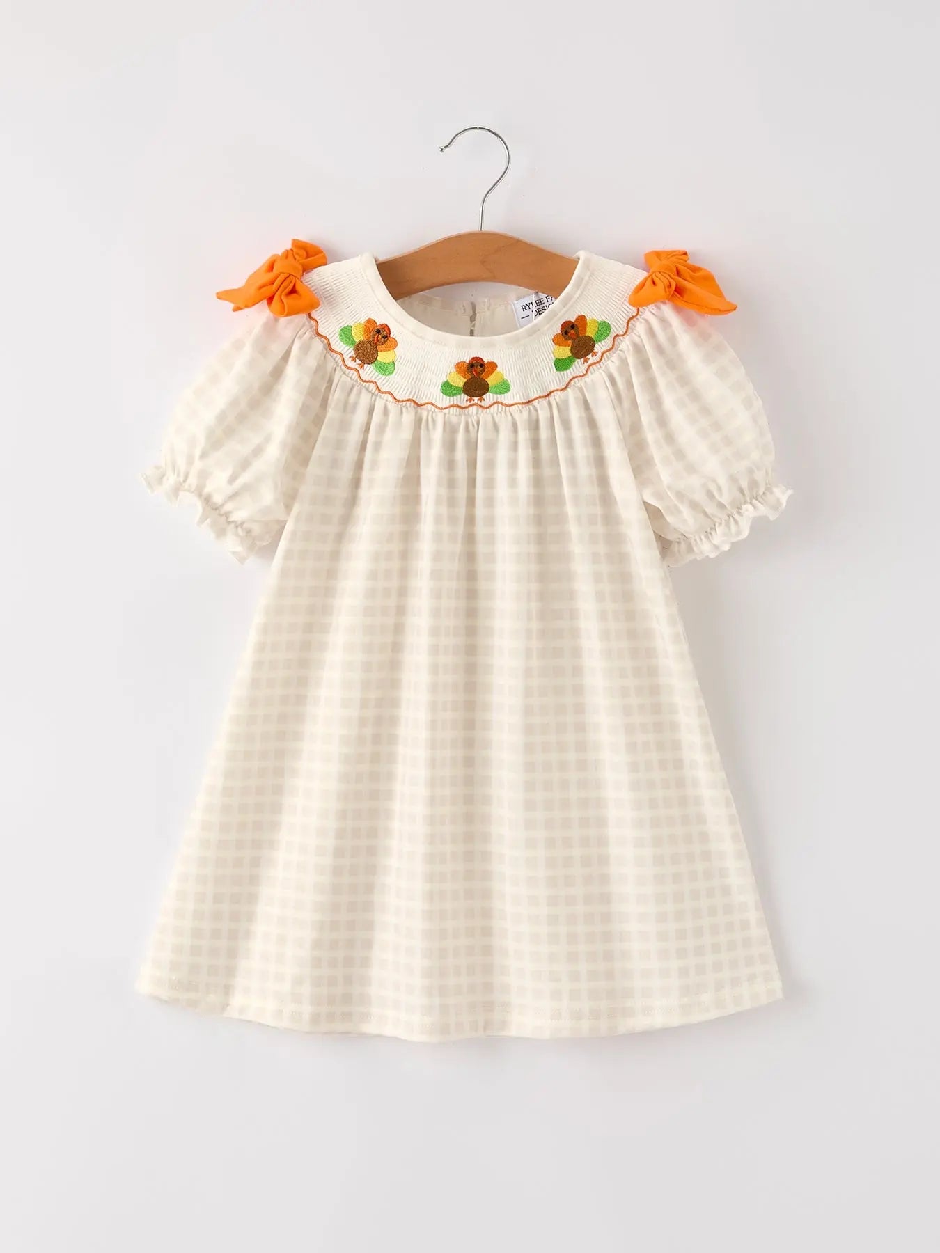 Fall Thanksgiving Apricot Plaid Turkey Embroidery Smocking Baby Girls Dress Rylee Faith Designs