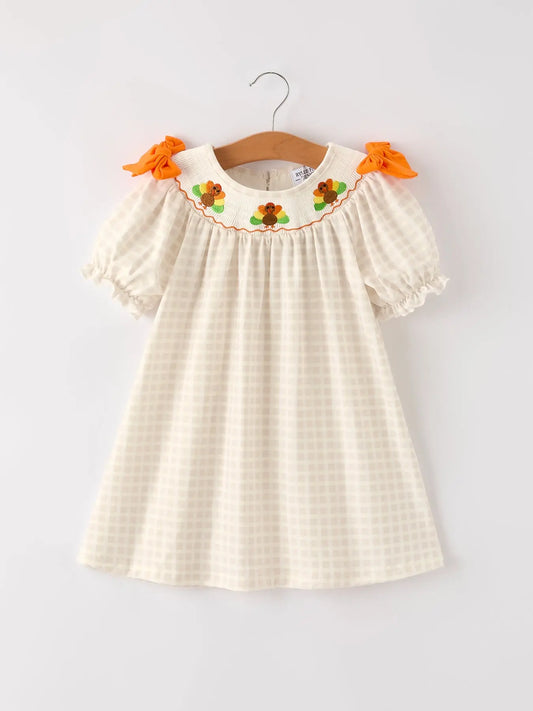 Fall Thanksgiving Apricot Plaid Turkey Embroidery Smocking Baby Girls Dress Rylee Faith Designs
