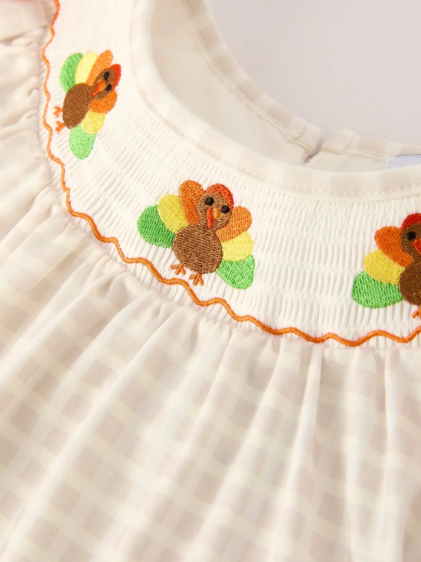 Fall Thanksgiving Apricot Plaid Turkey Embroidery Smocking Baby Girls Dress Rylee Faith Designs