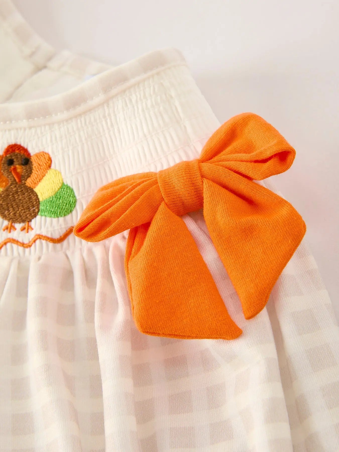 Fall Thanksgiving Apricot Plaid Turkey Embroidery Smocking Baby Girls Dress Rylee Faith Designs