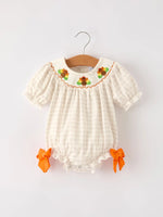 Rylee Faith Designs Fall Thanksgiving Apricot Plaid Turkey Embroidery Smocking Baby Girls Romper - Apparel & Accessories > Clothing > Baby & Toddler Clothing > Baby One-Pieces Romper