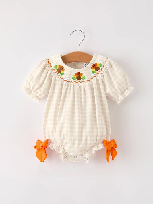 Fall Thanksgiving Apricot Plaid Turkey Embroidery Smocking Baby Girls Romper Rylee Faith Designs