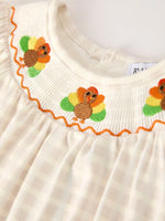 Rylee Faith Designs Fall Thanksgiving Apricot Plaid Turkey Embroidery Smocking Baby Girls Romper - Apparel & Accessories > Clothing > Baby & Toddler Clothing > Baby One-Pieces Romper