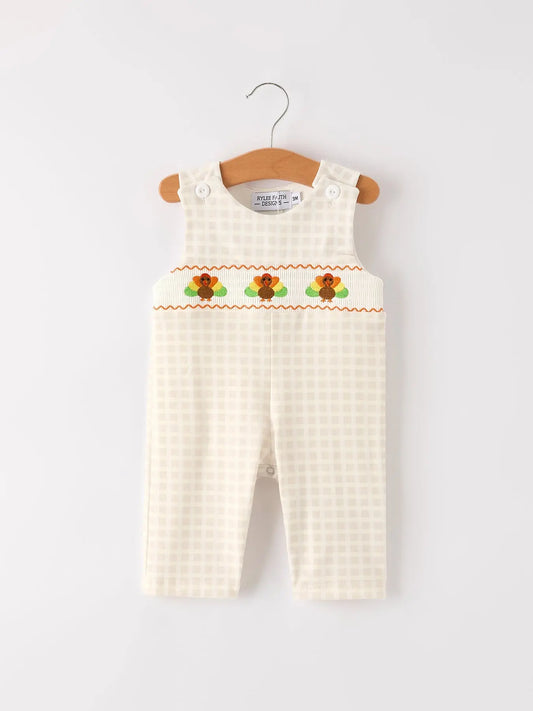 Fall Thanksgiving Apricot Plaid Turkey Embroidery Smocking Boys Romper Rylee Faith Designs