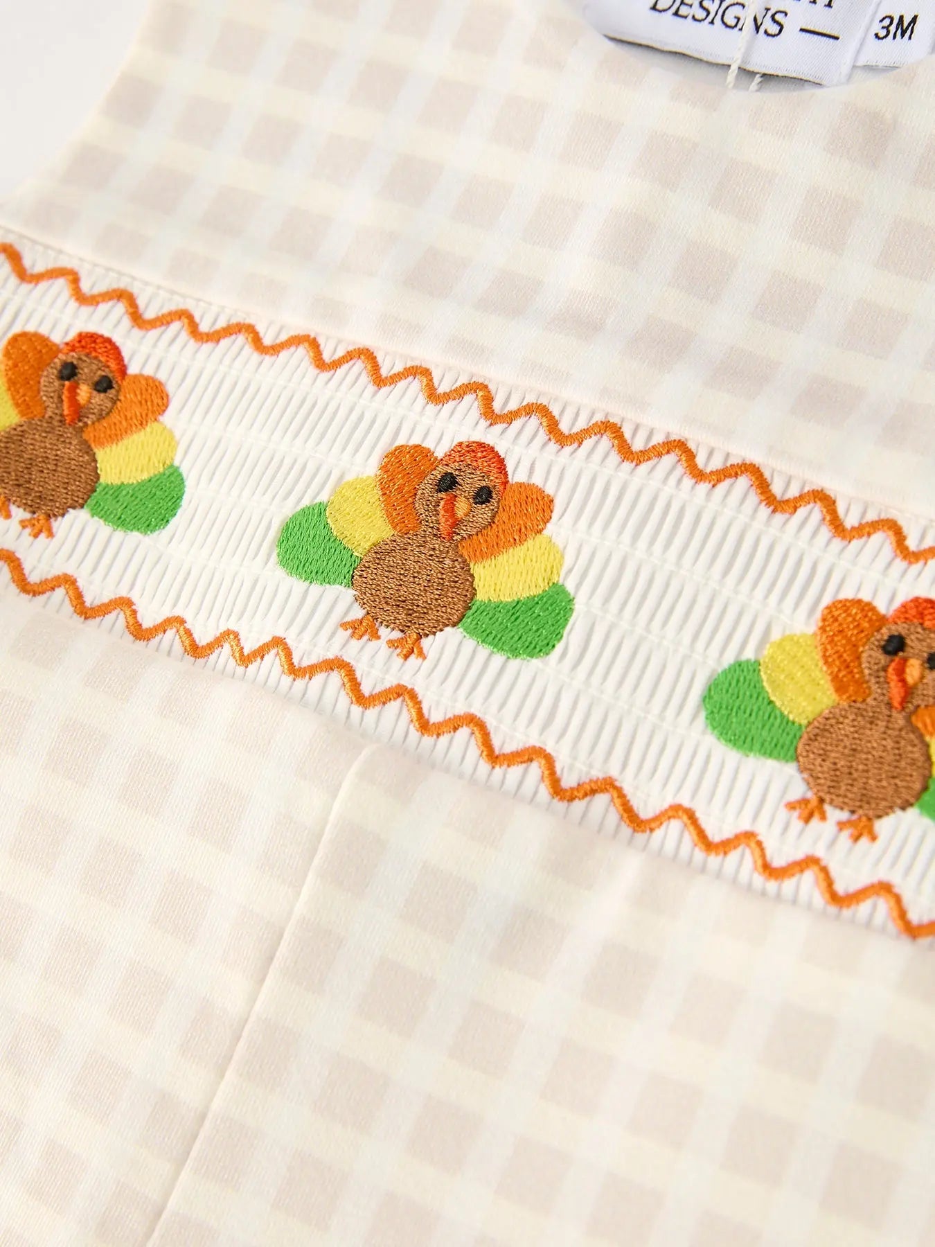 Fall Thanksgiving Apricot Plaid Turkey Embroidery Smocking Boys Romper Rylee Faith Designs