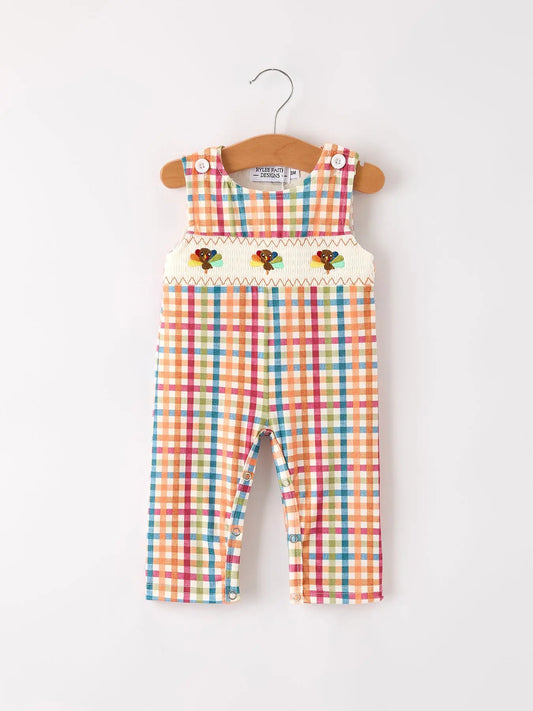 Fall Thanksgiving Color Plaid Chick Embroidery Smocking Baby Boys Romper Rylee Faith Designs