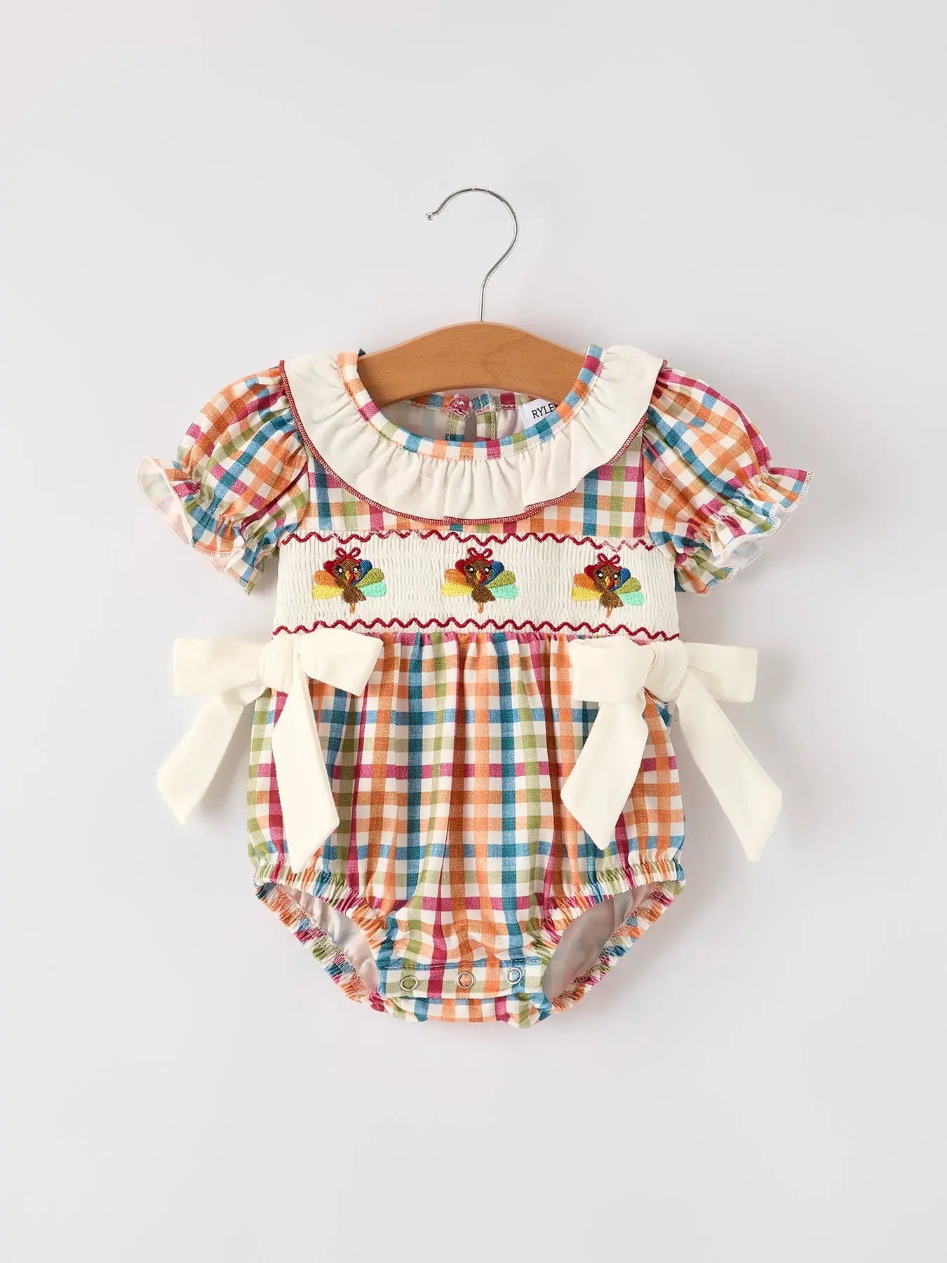 Fall Thanksgiving Plaid Chick Embroidery Smocking Baby Girls Romper Rylee Faith Designs