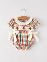 Rylee Faith Designs Fall Thanksgiving Plaid Chick Embroidery Smocking Baby Girls Romper - Apparel & Accessories > Clothing > Baby & Toddler Clothing > Baby One-Pieces Romper