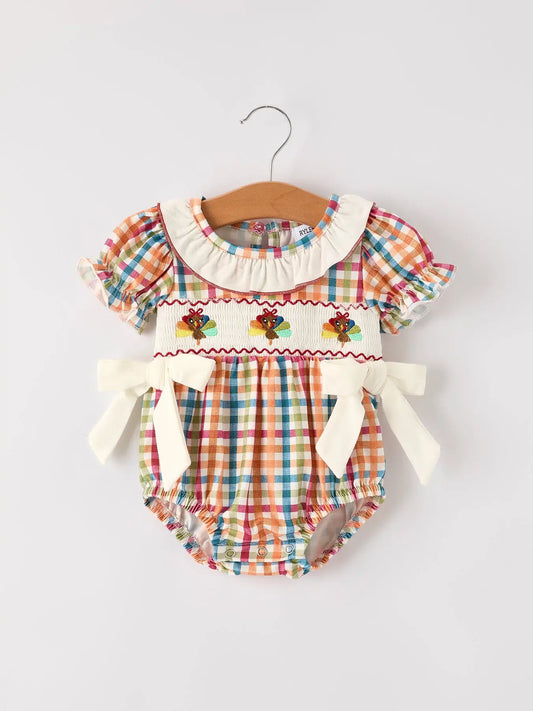 Fall Thanksgiving Plaid Chick Embroidery Smocking Baby Girls Romper Rylee Faith Designs