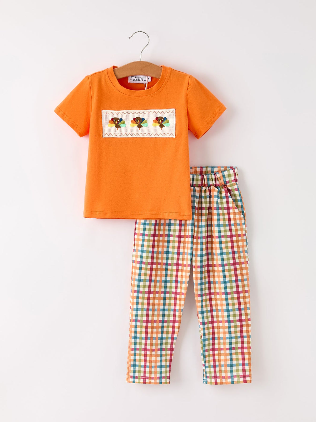 Fall Thanksgiving Color Plaid Chick Embroidery Smocking Boys Set by Rylee Faith Designs