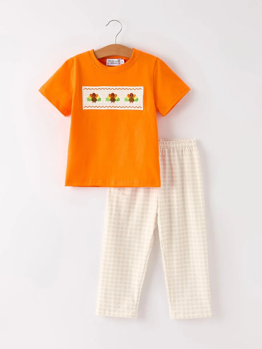 Fall Thanksgiving Apricot Plaid Turkey Embroidery Smocking Boys Set Rylee Faith Designs