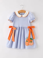 Rylee Faith Designs Fall Thanksgiving Halloween Lapel Stripe Pumpkin Applique Bow Girls Dress - Apparel & Accessories > Clothing > Baby & Toddler Clothing > Baby & Toddler Dresses Dress
