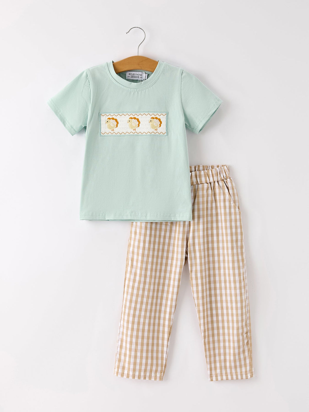 Fall Thanksgiving Plaid Chick Embroidery Smocking Boys Set by Rylee Faith Designs