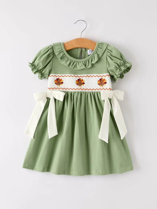 Fall Thanksgiving Chicken Smock Embroidered Green Baby Girl Dress Rylee Faith Designs