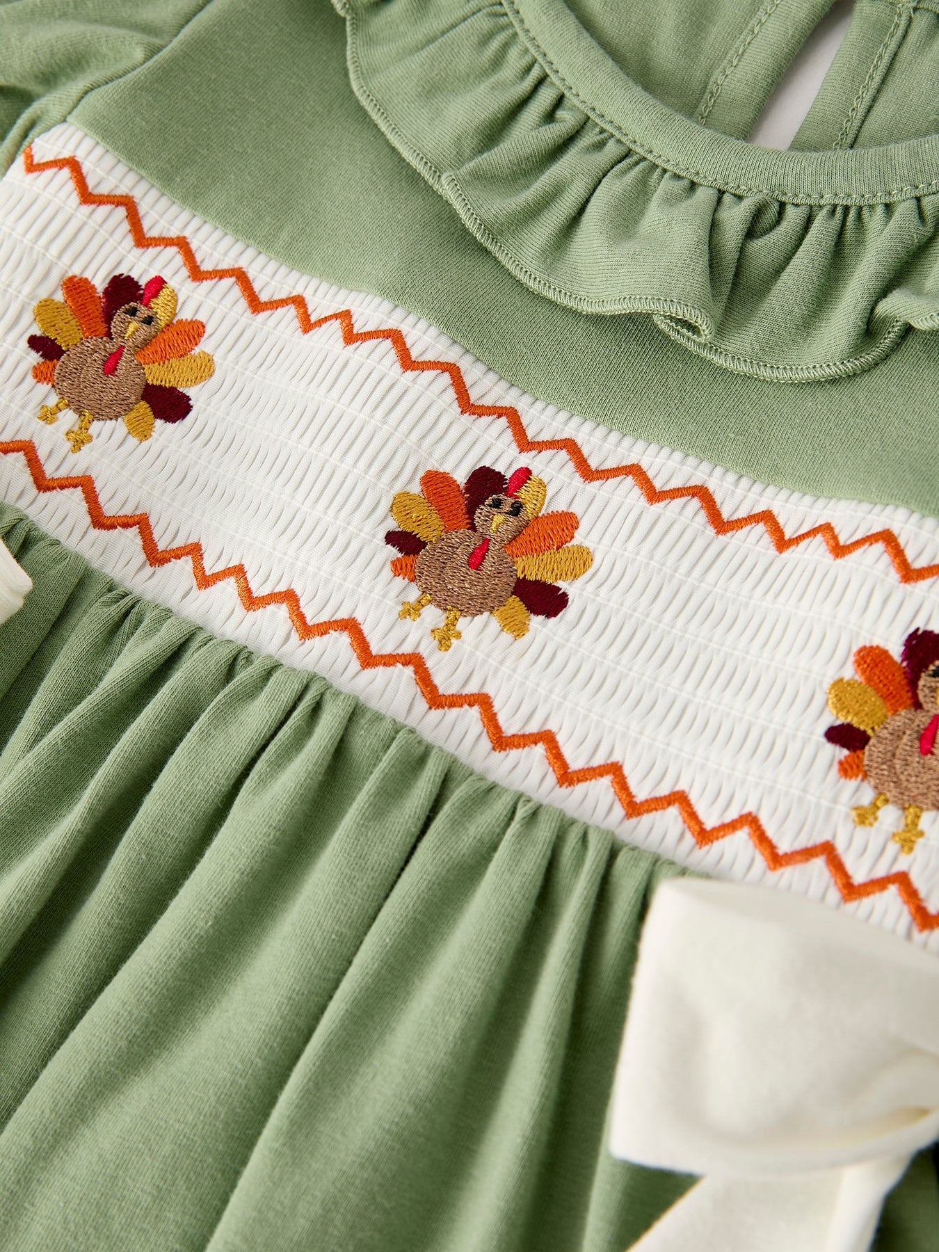 Green Smock Embroidered Chicken Dress by Rylee Faith Designs