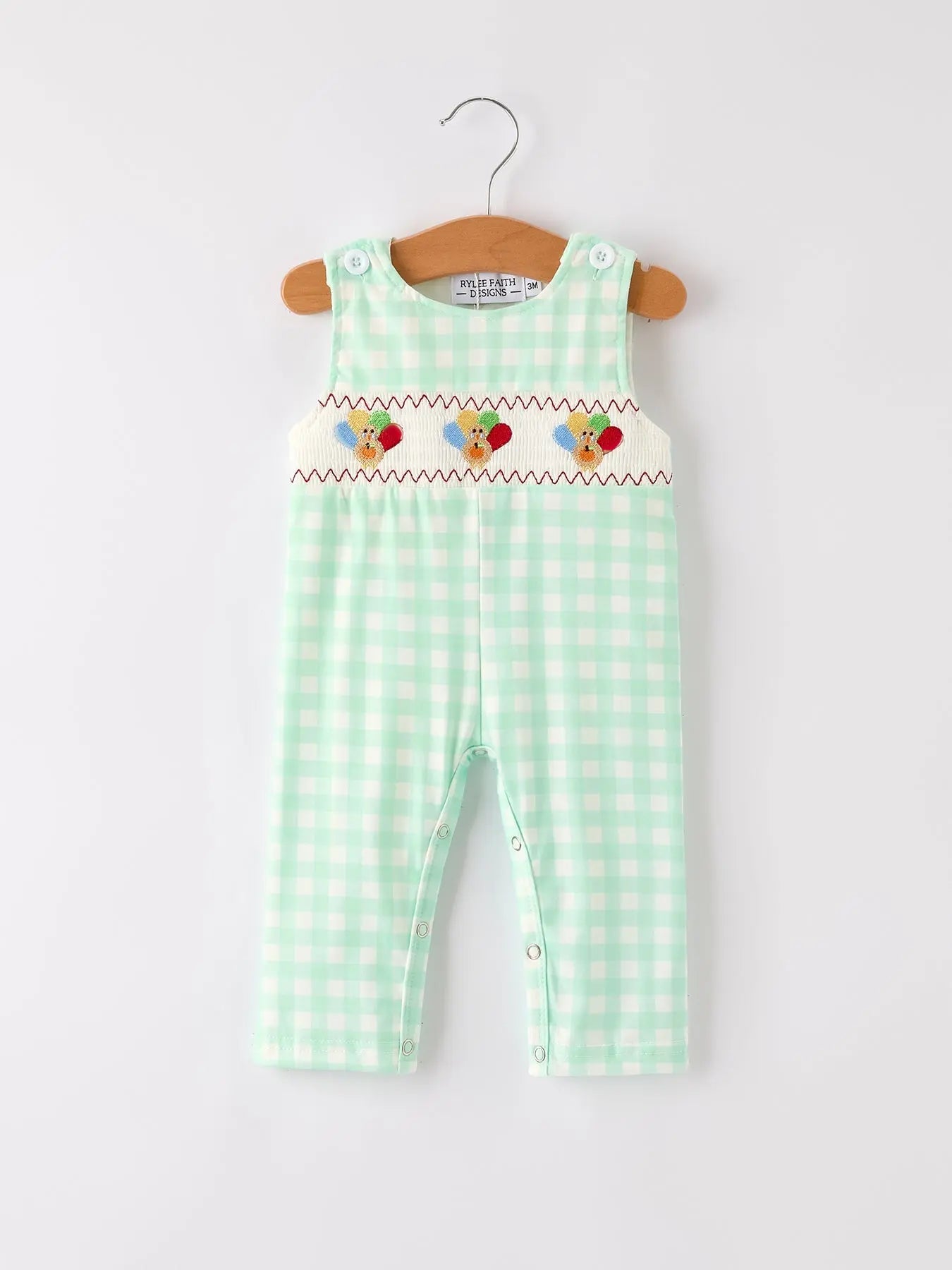 Fall Thanksgiving Green Chicken Smock Embroidered Plaid Baby Boys Romper Rylee Faith Designs