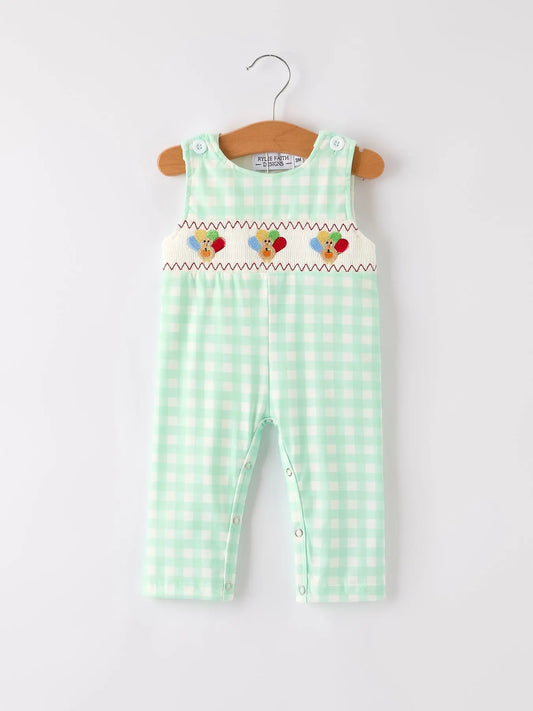 Fall Thanksgiving Green Chicken Smock Embroidered Plaid Baby Boys Romper Rylee Faith Designs