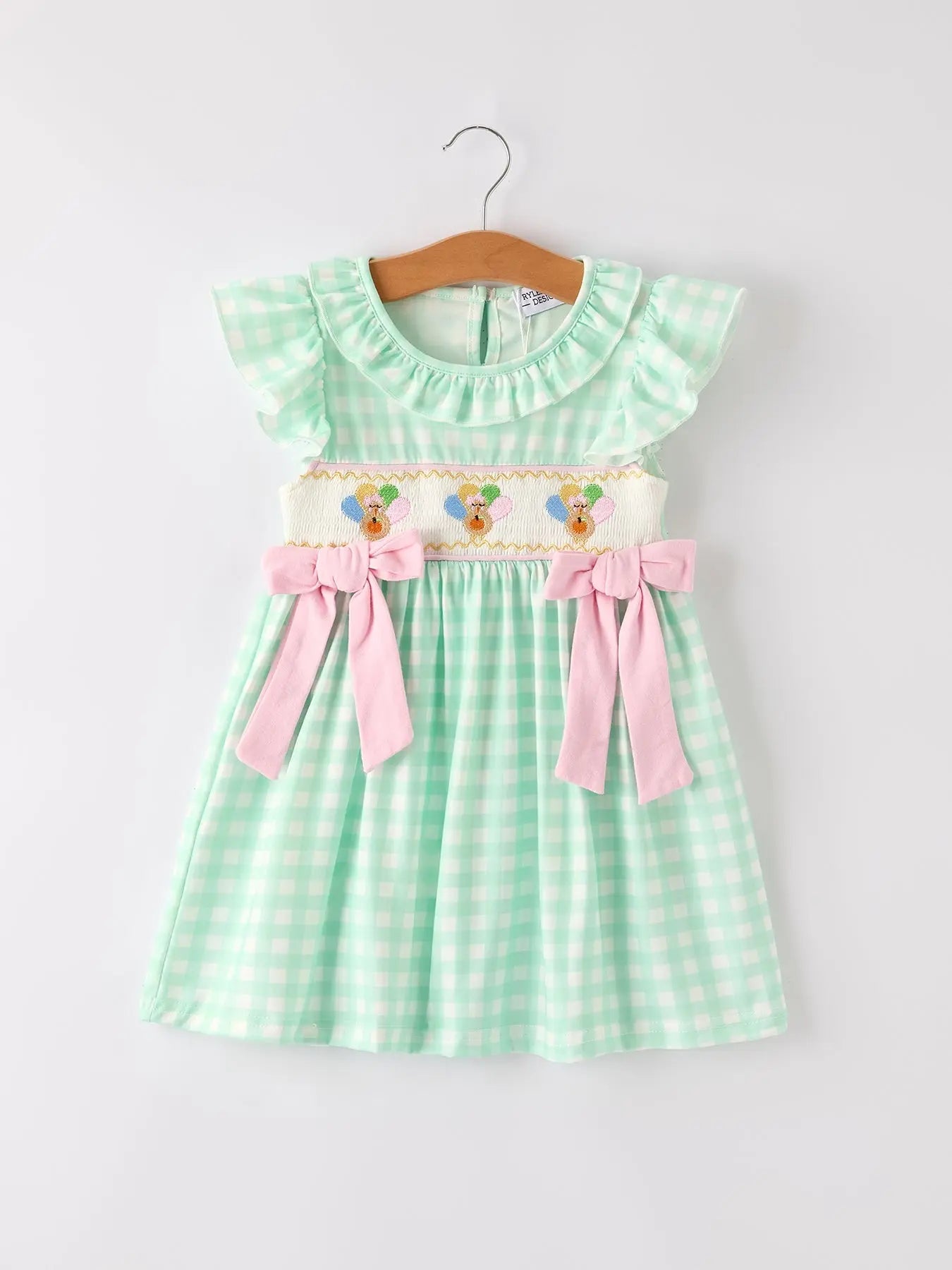 Fall Thanksgiving Green Chicken Smock Embroidered Plaid Girls Dress Rylee Faith Designs