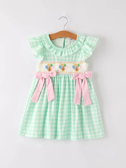 Fall Thanksgiving Green Chicken Smock Embroidered Plaid Girls Dress Rylee Faith Designs
