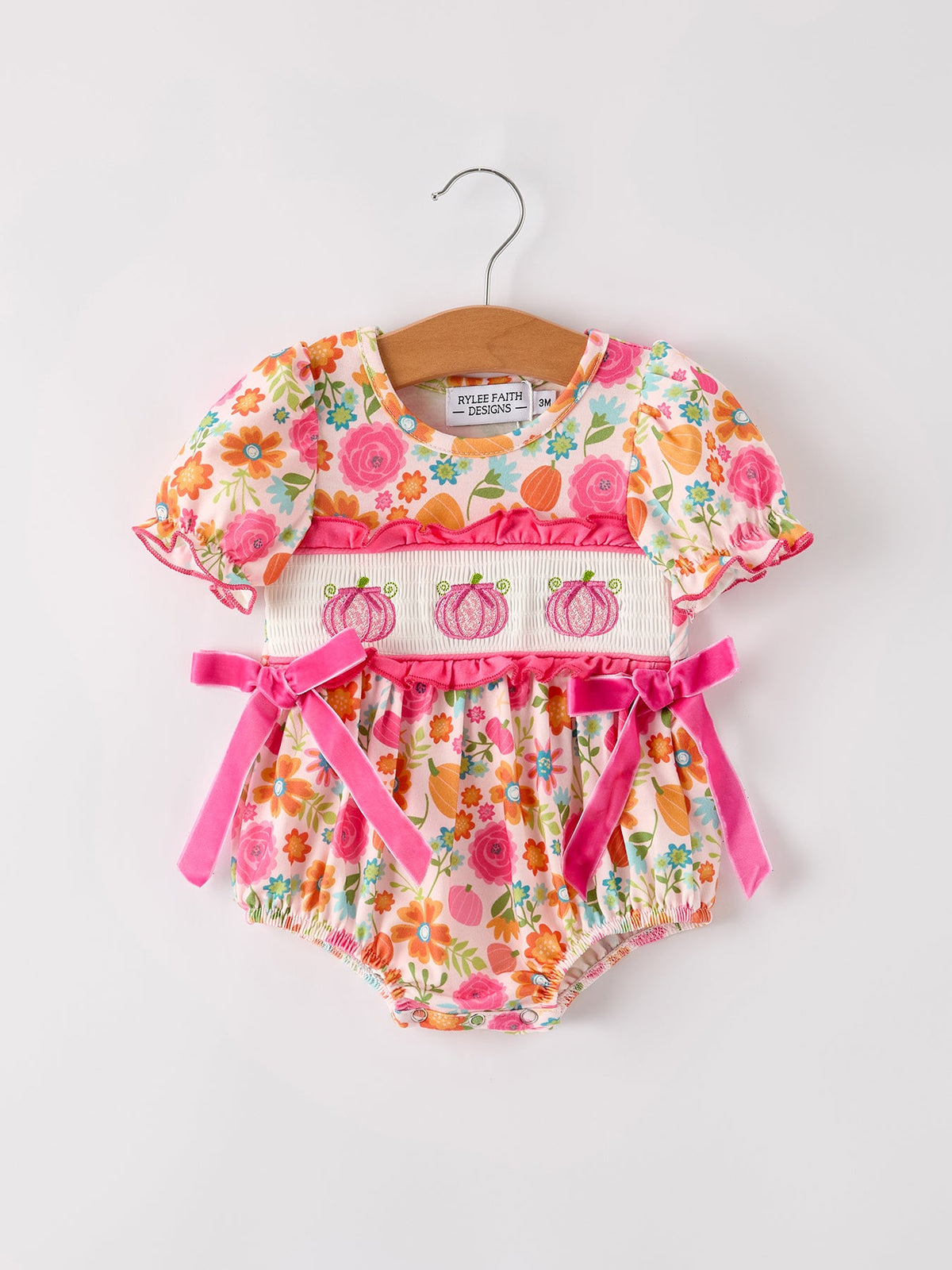 Autumn Halloween Thanksgiving Pumpkin Embroidery Smock Floral Girls Romper by Rylee Faith Designs