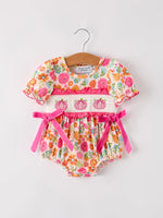 Autumn Halloween Thanksgiving Pumpkin Embroidery Smock Floral Girls Romper by Rylee Faith Designs