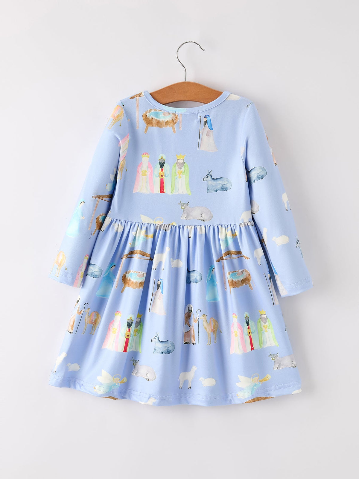 Winter Christmas Nativity Print Girls Long Sleeve Dress by Rylee Faith Designs