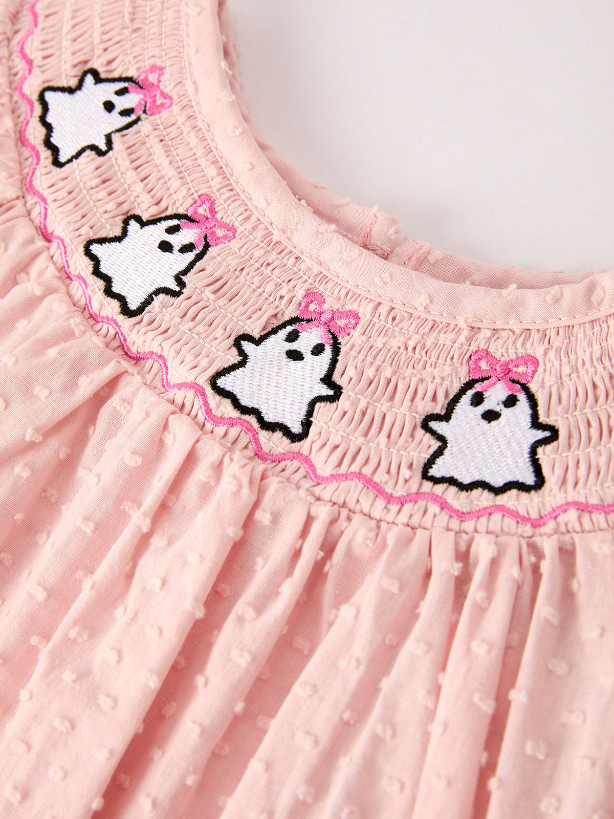 Autumn Halloween Light Pink Ghost Embroidery Smock Girl Dress by Rylee Faith Designs