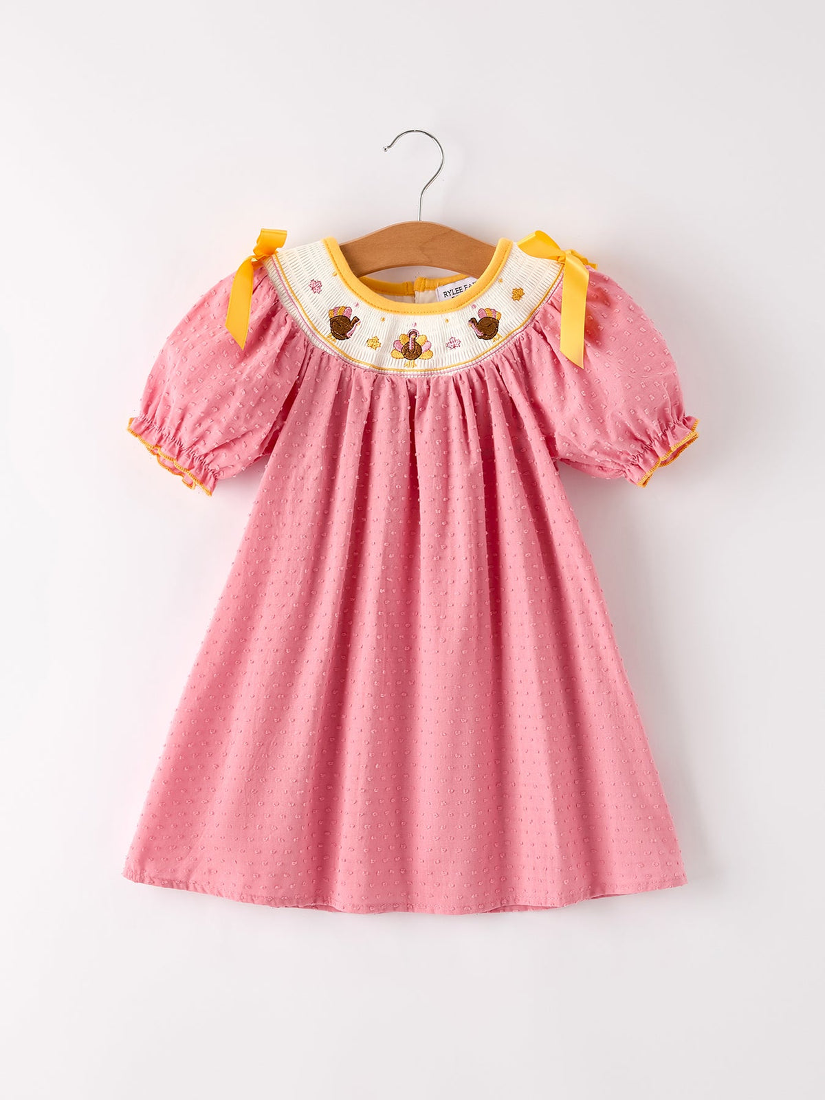 Fall Thanksgiving Turkey Leaf Embroidery Smocking Bow Girls Dress by Rylee Faith Designs