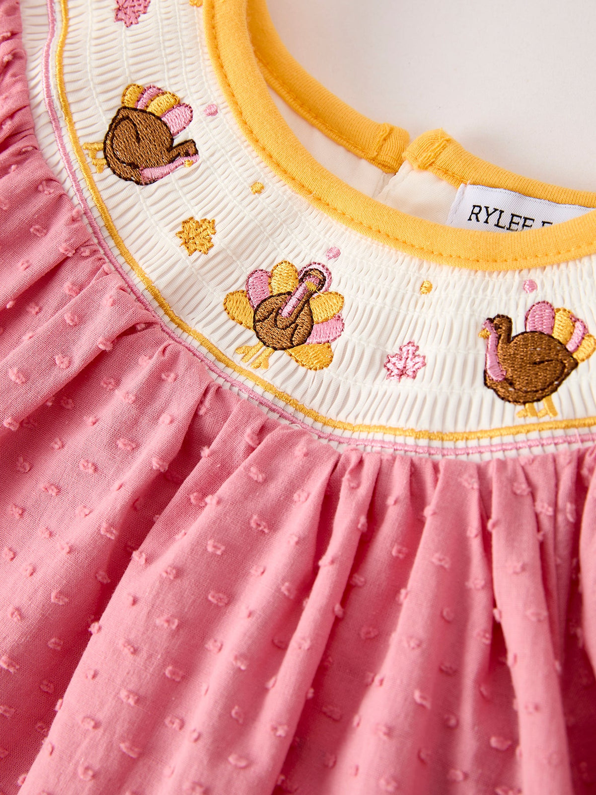 Fall Thanksgiving Turkey Leaf Embroidery Smocking Bow Girls Dress by Rylee Faith Designs