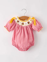 Rylee Faith Designs Fall Thanksgiving Turkey Leaf Embroidery Smocking Bow Baby Girls Romper - Apparel & Accessories > Clothing > Baby & Toddler Clothing > Baby One-Pieces Romper