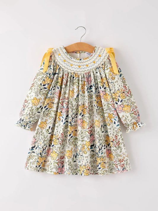Fall Embroidery Smocking Bow Floral Leaf Baby Girls Dress Rylee Faith Designs