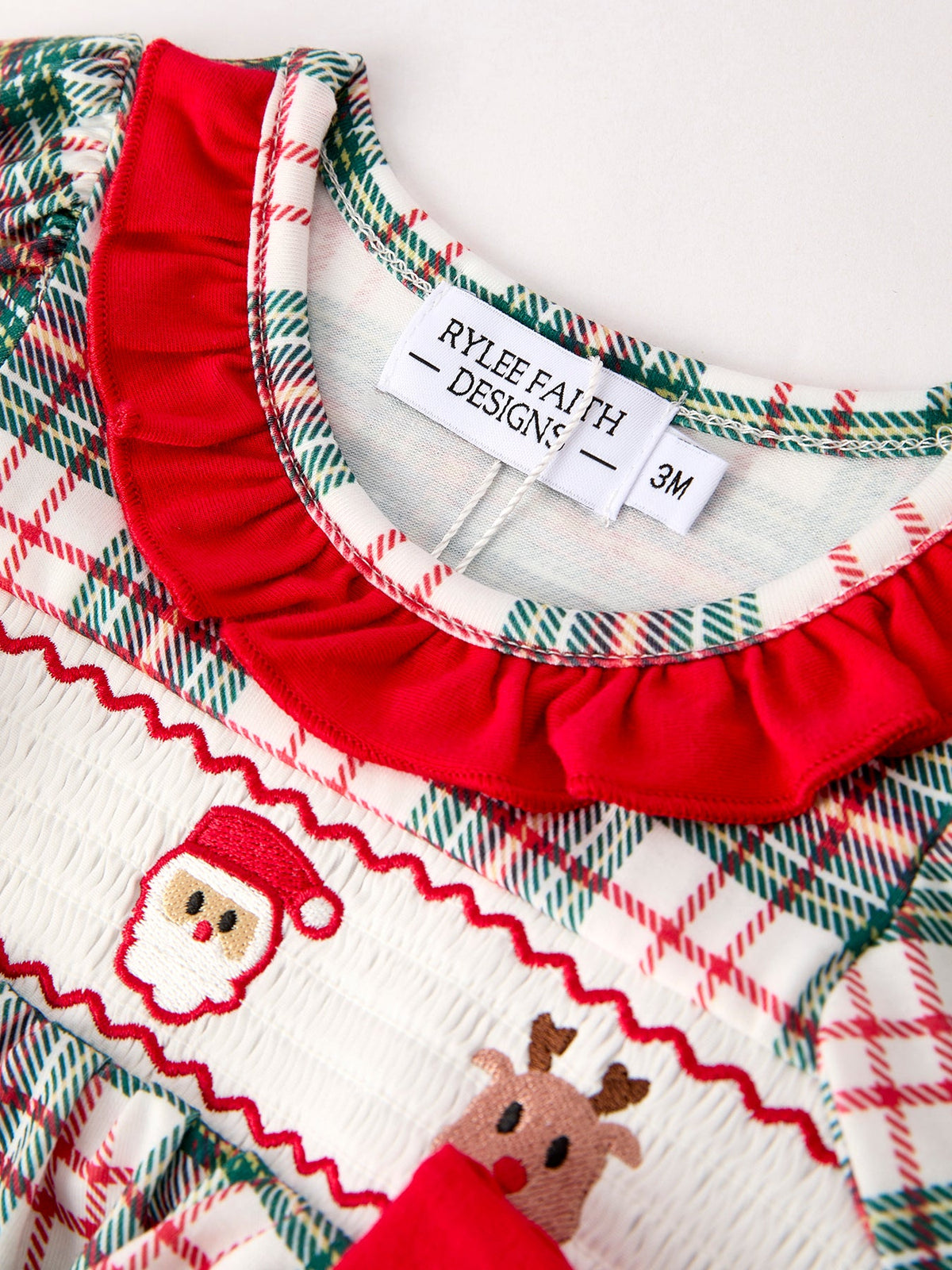Christmas Plaid Smocking Embroidered Girls Bloomers Romper Set by Rylee Faith Designs
