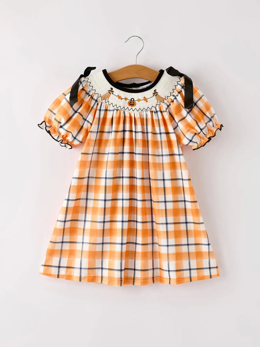 Fall Halloween Orange Embroidery Smocking Girls Dress Rylee Faith Designs