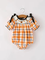 Rylee Faith Designs Fall Halloween Orange Embroidery Smocking Plaid Bow Baby Girls Romper - Apparel & Accessories > Clothing > Baby & Toddler Clothing > Baby One-Pieces Romper