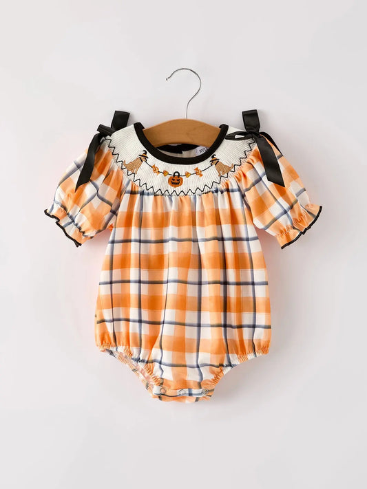 Fall Halloween Orange Embroidery Smocking Plaid Bow Baby Girls Romper Rylee Faith Designs