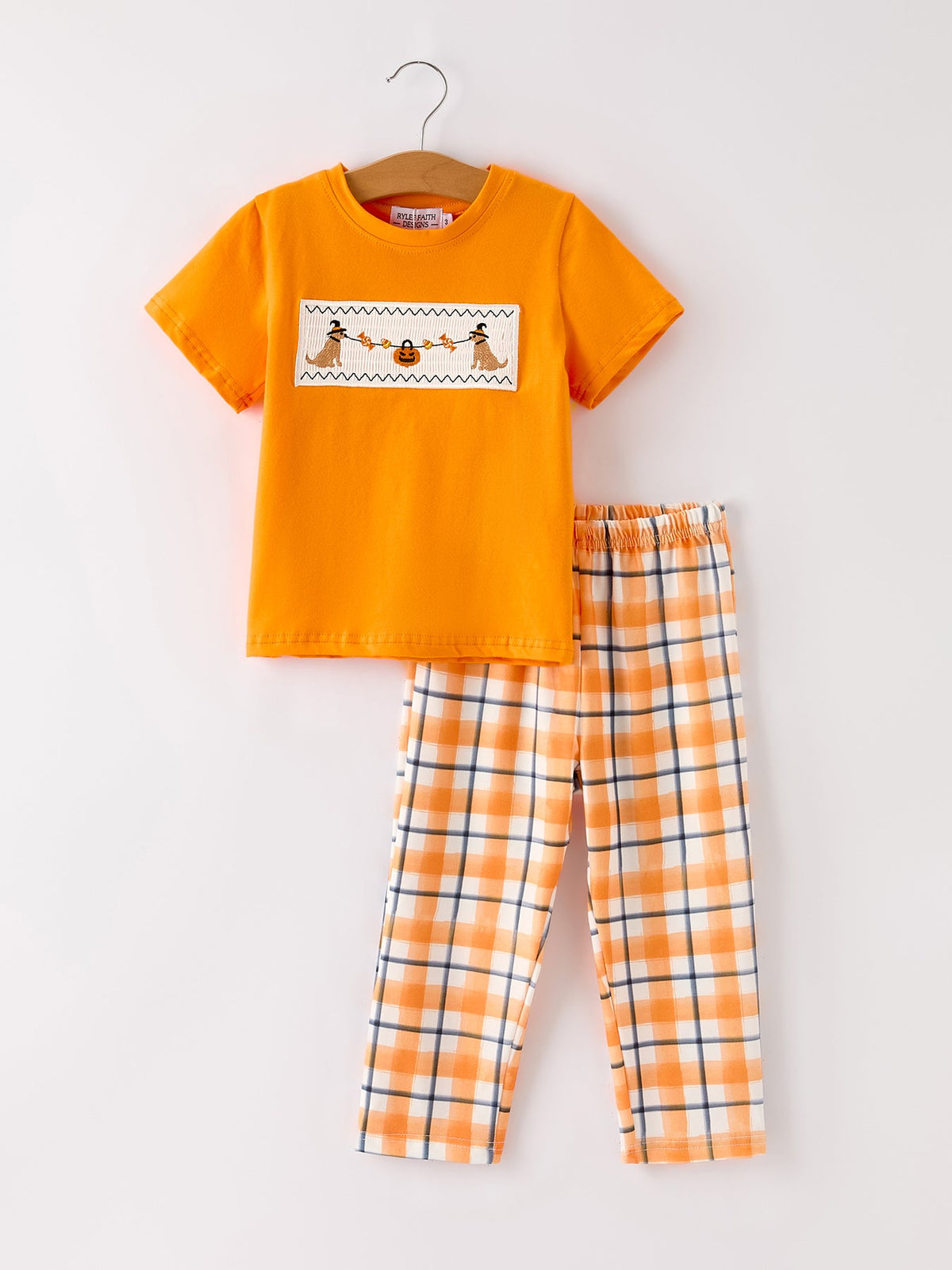 Fall Halloween Orange Embroidery Smocking Boys Set by Rylee Faith Designs