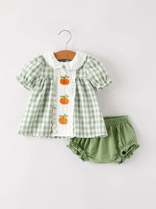 Fall Halloween And Thanksgiving Applique Plaid Girls Bloomers Romper Set Rylee Faith Designs