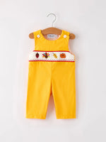 Rylee Faith Designs Fall Halloween and Thanksgiving Turkey Nuts Smock Embroidered Yellow Boys Romper - Apparel & Accessories > Clothing > Baby & Toddler Clothing > Baby & Toddler Outfits Romper