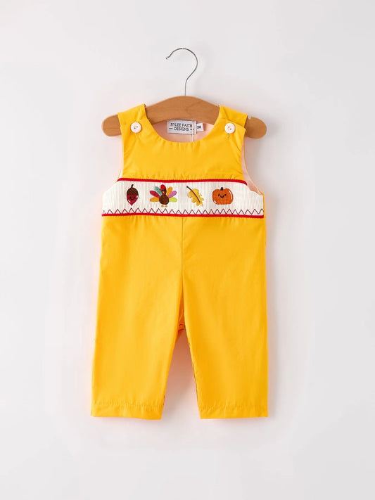 Fall Halloween and Thanksgiving Turkey Nuts Smock Embroidered Yellow Boys Romper Rylee Faith Designs